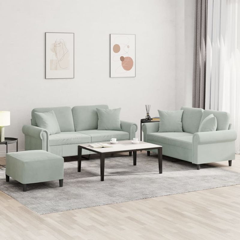 Casa si Gradina - Mobilier - Seturi de mobilier - Seturi living - Set de canapele, 3 piese, cu perne, gri deschis, catifea - Infinity.ro