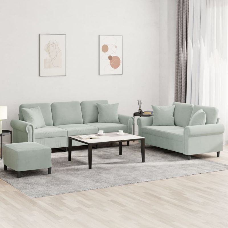 Casa si Gradina - Mobilier - Seturi de mobilier - Seturi living - Set de canapele, 3 piese, cu perne, gri deschis, catifea - Infinity.ro