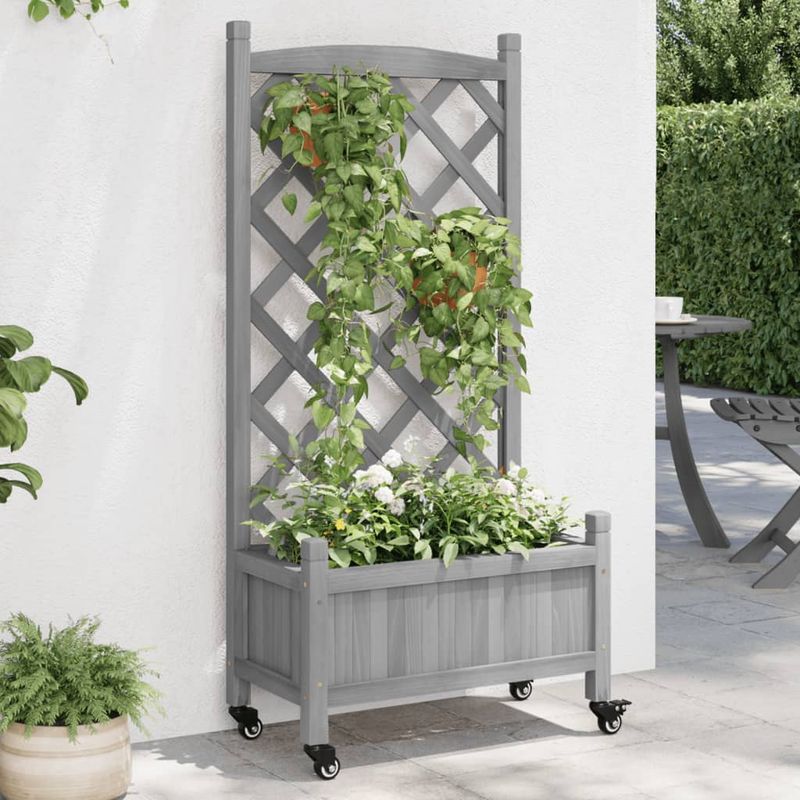 Casa si Gradina - Gradinarit si plante - Plante si ghivece - Ghivece si suporturi - Jardiniera cu spalier și roti, lemn masiv de brad, mărime 55x29.5x117.5 cm - Infinity.ro
