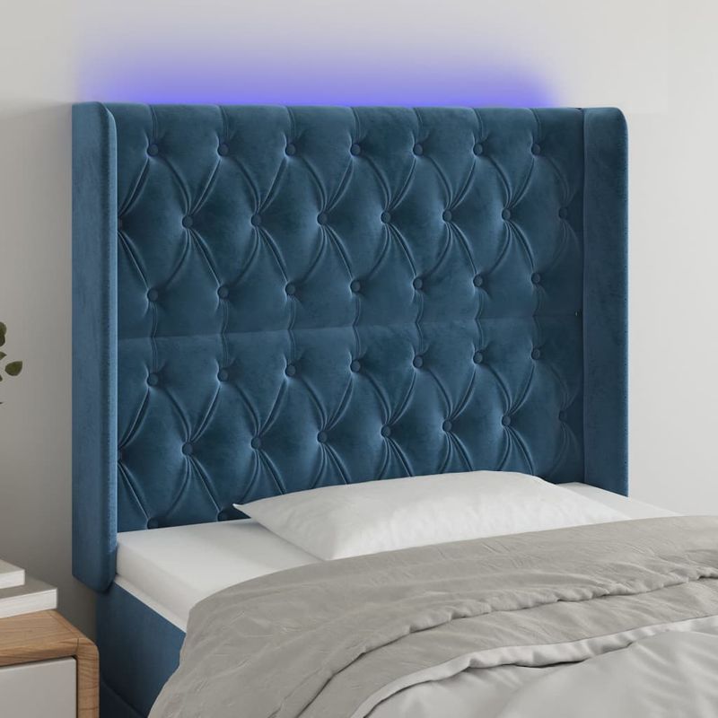 Casa si Gradina - Mobilier - Paturi si accesorii - Accesorii paturi - Tablie de pat cu LED, albastru inchis, 103x16x118/128cm catifea - Infinity.ro