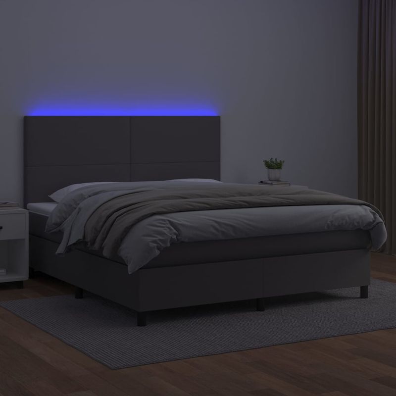 Casa si Gradina - Mobilier - Paturi si accesorii - Paturi - Pat cu arcuri, saltea si LED, gri, 180x200 cm, piele ecologica - Infinity.ro