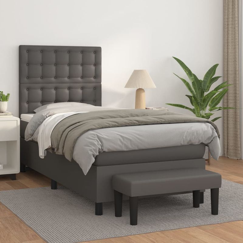 Casa si Gradina - Mobilier - Paturi si accesorii - Paturi - Pat box spring cu saltea, gri, 90x190 cm, piele ecologica - Infinity.ro