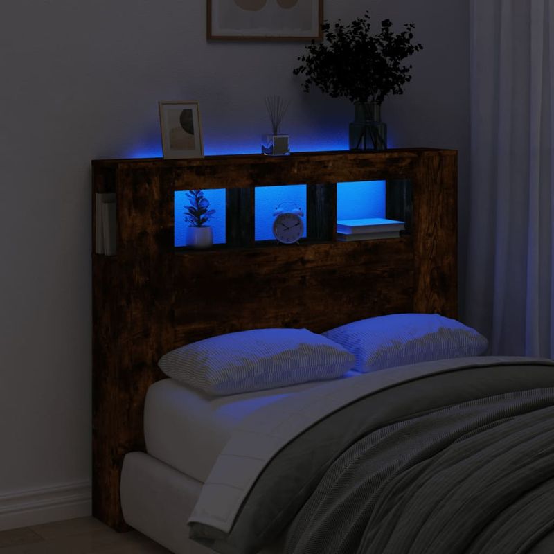 Casa si Gradina - Mobilier - Paturi si accesorii - Accesorii paturi - Tablie de pat cu LED, stejar fumuriu, 120x18,5x103,5 cm, lemn - Infinity.ro