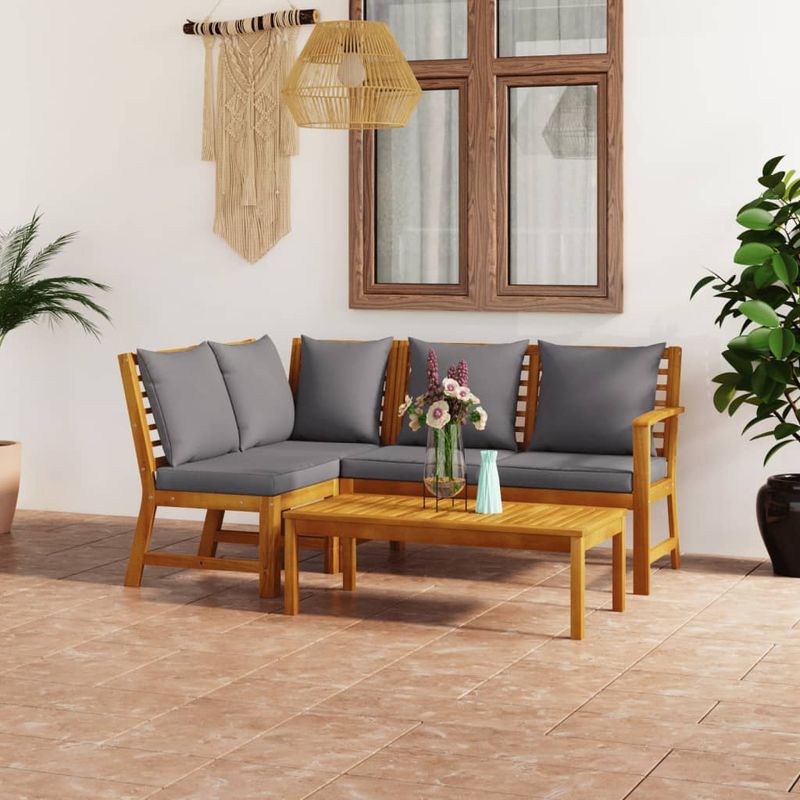 Casa si Gradina - Gradina si terasa - Mobilier exterior - Seturi mobila gradina - Set mobilier de gradina cu perne, 4 piese, lemn masiv de acacia, model mijloc + colț + bancă + masă - Infinity.ro