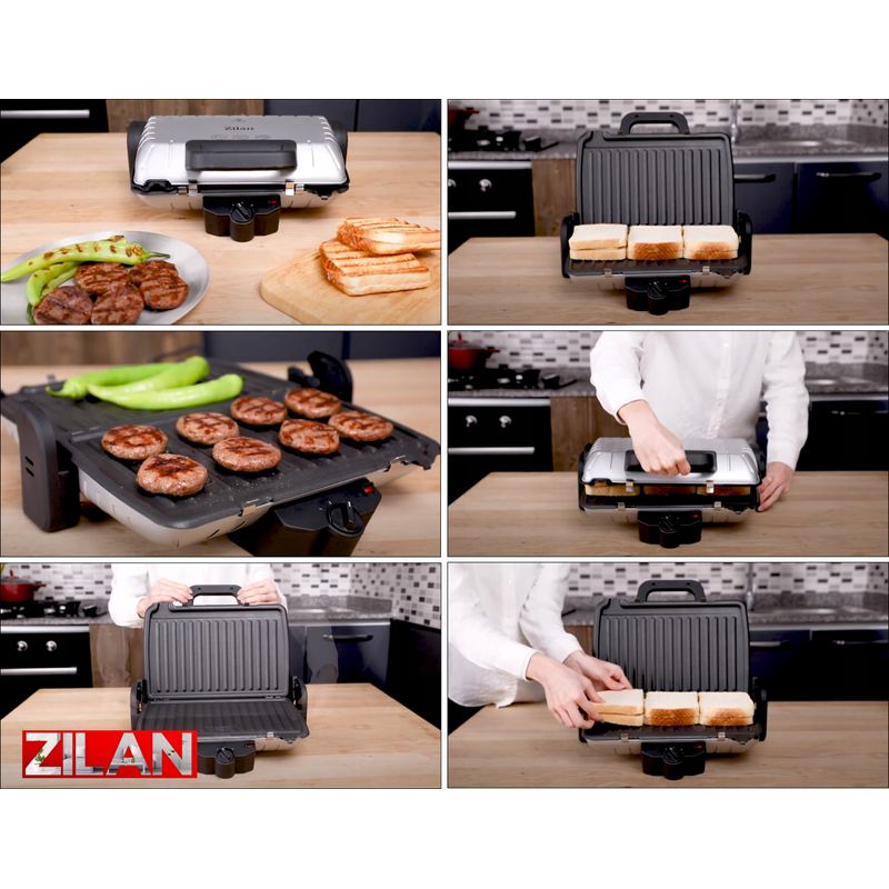 Electronice si Electrocasnice - Electrocasnice bucatarie - Preparare paine - Sandwich-maker - Sandwich-maker and Grill Zilan ZILAN ZLN-4021, 1600 W, Termostat reglabil, Placi antiaderente, Inox - Infinity.ro