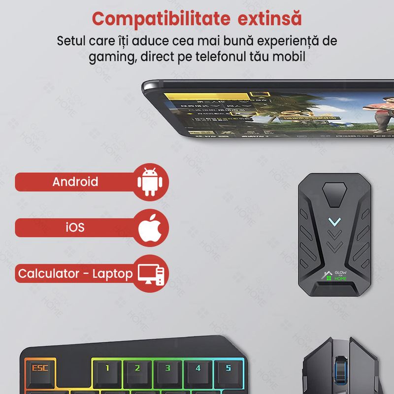 PC, gaming si accesorii - Periferice PC - Tastaturi - Kit gaming cu tastatura iluminata gaming 39 taste one hand si mouse, Bluetooth,Android, iOS, PC, 1600/2400/3200 DPI, RGB - Infinity.ro