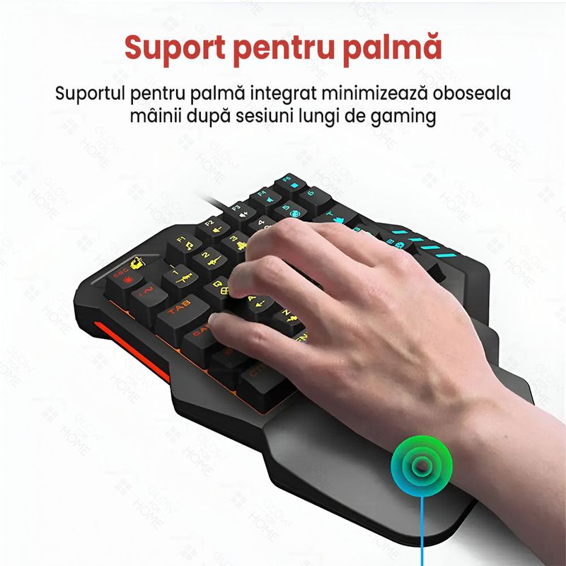 PC, gaming si accesorii - Periferice PC - Tastaturi - Kit gaming cu tastatura iluminata gaming 39 taste one hand si mouse, Bluetooth,Android, iOS, PC, 1600/2400/3200 DPI, RGB - Infinity.ro