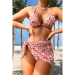 Fashion, accesorii si bijuterii - Femei - Lenjerie si pijamale femei - Costume de baie femei - Costum de baie dama, Ava-Stars ®, Sutien si slip ajustabil, Fusta tip esarfa, 3 piese, Marimea L, Portocaliu Floral - Infinity.ro