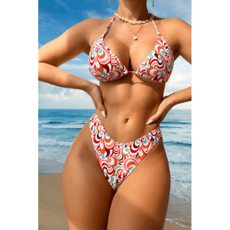 Fashion, accesorii si bijuterii - Femei - Lenjerie si pijamale femei - Costume de baie femei - Costum de baie dama, Ava-Stars ®, Sutien si slip ajustabil, Fusta tip esarfa, 3 piese, Marimea L, Portocaliu Floral - Infinity.ro
