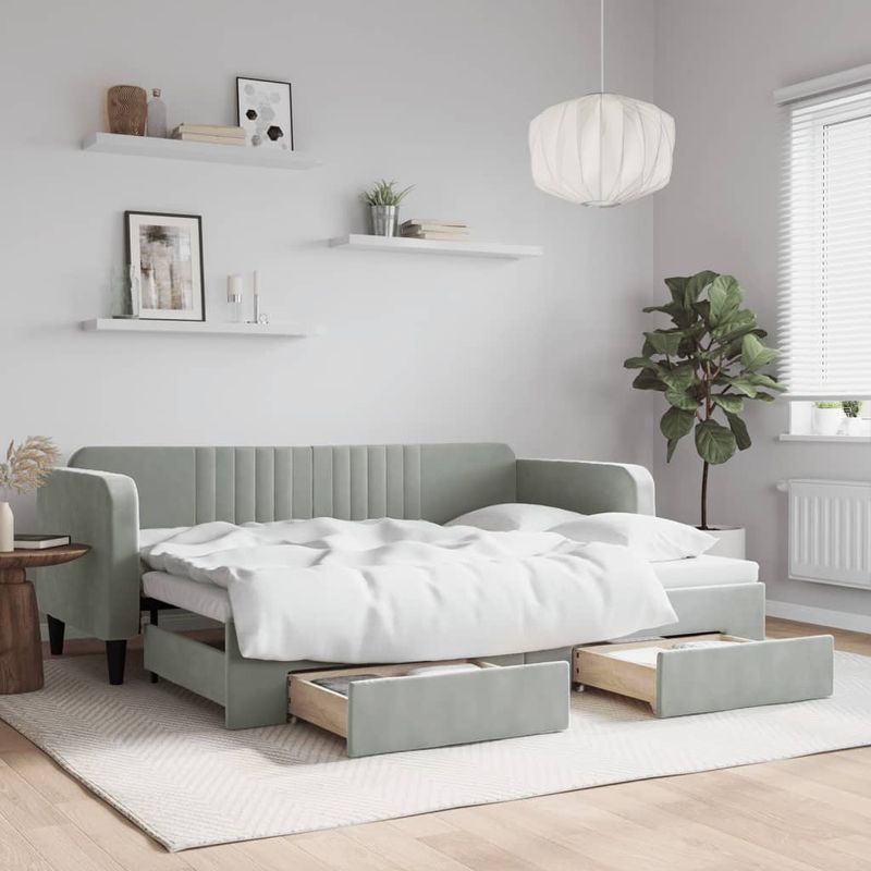 Casa si Gradina - Mobilier - Paturi si accesorii - Paturi - Pat de zi cu extensie si sertare, gri deschis 80x200 cm catifea - Infinity.ro