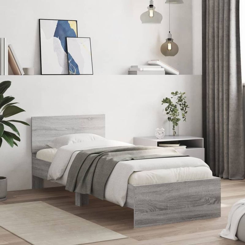 Casa si Gradina - Mobilier - Paturi si accesorii - Paturi - Cadru de pat cu tablie si lumini LED, gri sonoma, 90x190 cm - Infinity.ro