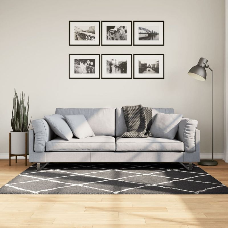 Casa si Gradina - Textile si covoare - Covoare - Covoare casa - Covor pufos cu fire inalte, negru si crem modern, 120x170 cm - Infinity.ro