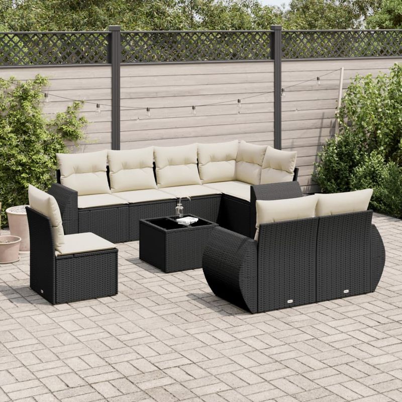 Casa si Gradina - Gradina si terasa - Mobilier exterior - Canapele si fotolii gradina - Set mobilier de gradina cu perne, 9 piese, negru, poliratan - Infinity.ro