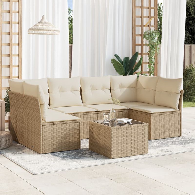 Casa si Gradina - Gradina si terasa - Mobilier exterior - Seturi mobila gradina - Set canapele de gradina, 7 piese, cu perne, bej, poliratan - Infinity.ro