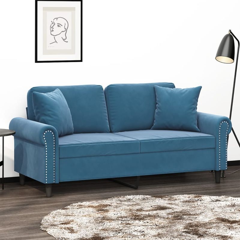 Casa si Gradina - Mobilier - Canapele si coltare - Canapele - Canapea cu 2 locuri cu pernute, albastru, 140 cm, catifea - Infinity.ro