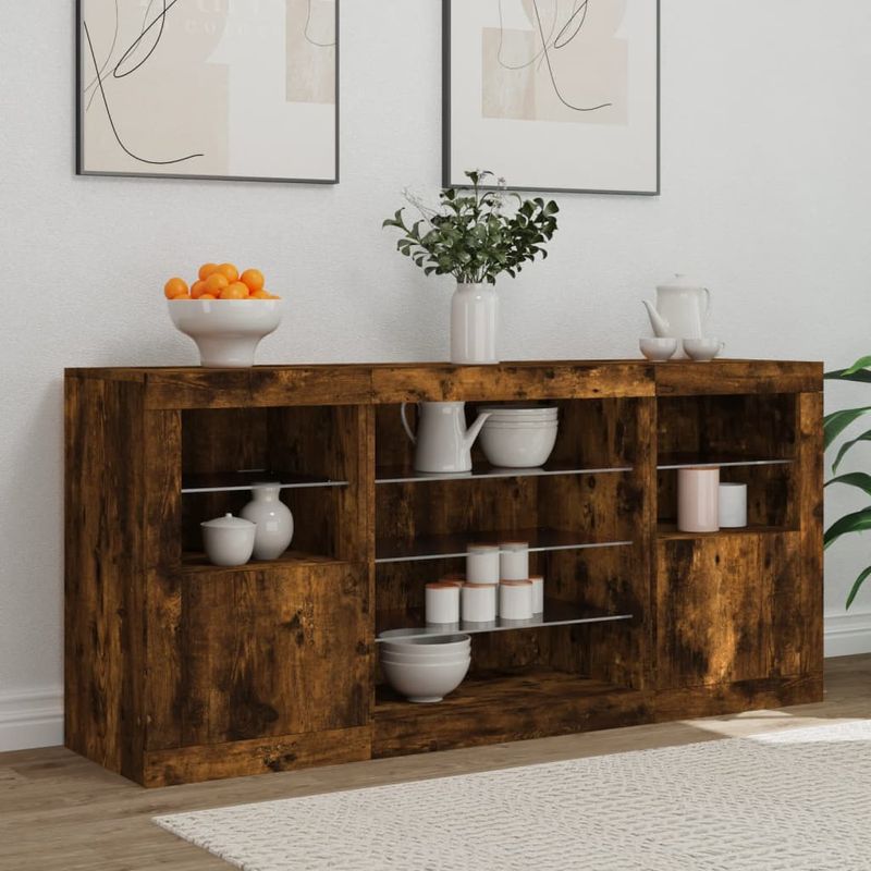 Casa si Gradina - Mobilier - Comode si corpuri - Comode - Servanta cu lumini LED, stejar fumuriu, 142,5x37x67 cm - Infinity.ro