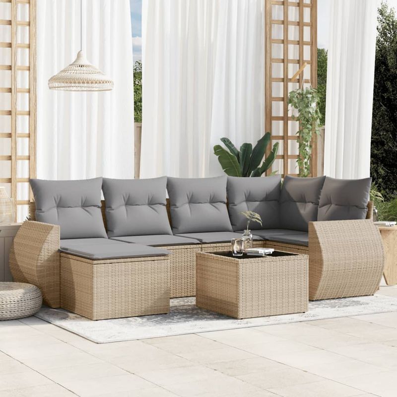 Casa si Gradina - Gradina si terasa - Mobilier exterior - Canapele si fotolii gradina - Set canapele de gradina, 7 piese, cu perne, bej, poliratan - Infinity.ro