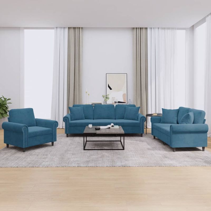 Casa si Gradina - Mobilier - Seturi de mobilier - Seturi living - Set de canapele cu perne, 3 piese, albastru, catifea - Infinity.ro