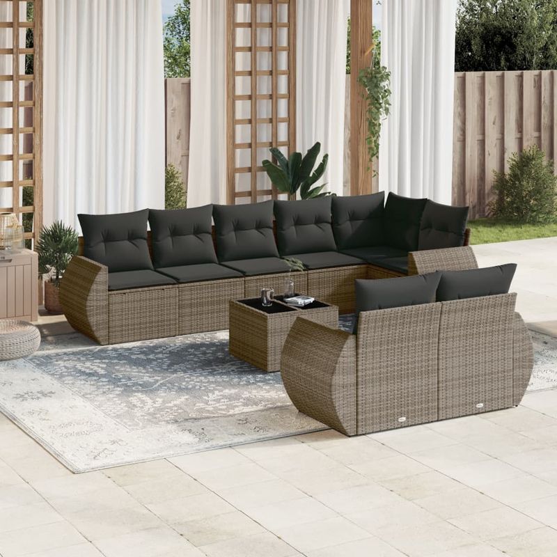 Casa si Gradina - Gradina si terasa - Mobilier exterior - Canapele si fotolii gradina - Set canapele de gradina, 9 piese, cu perne, gri, poliratan - Infinity.ro
