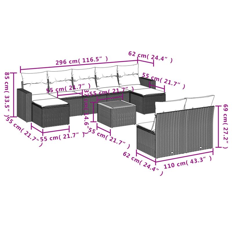 Casa si Gradina - Gradina si terasa - Mobilier exterior - Canapele si fotolii gradina - Set mobilier de gradina cu perne, 10 piese, gri, poliratan - Infinity.ro