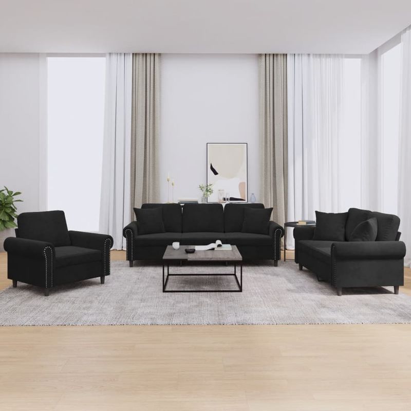 Casa si Gradina - Mobilier - Seturi de mobilier - Seturi living - Set de canapele cu perne, 3 piese, negru, catifea - Infinity.ro