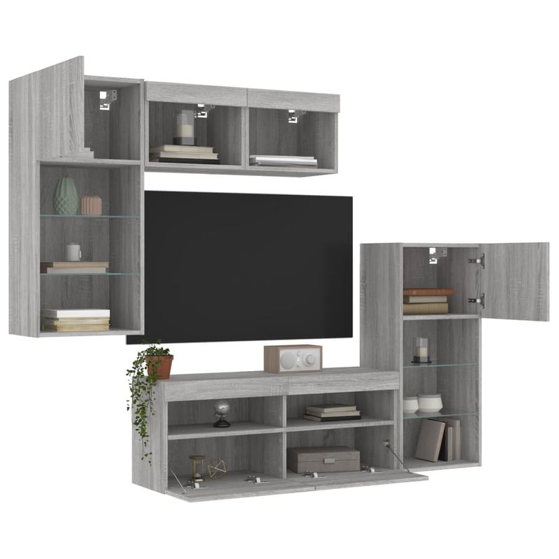 Casa si Gradina - Mobilier - Comode si corpuri - Comode - Unitati de perete TV cu LED-uri, 5 piese, gri sonoma, lemn - Infinity.ro