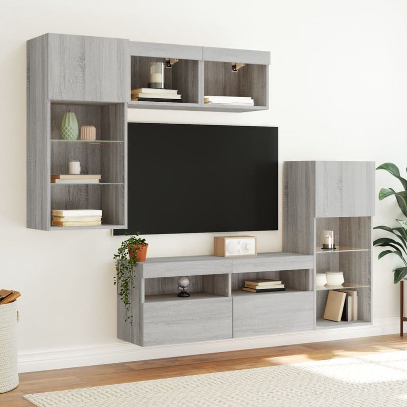 Casa si Gradina - Mobilier - Comode si corpuri - Comode - Unitati de perete TV cu LED-uri, 5 piese, gri sonoma, lemn - Infinity.ro