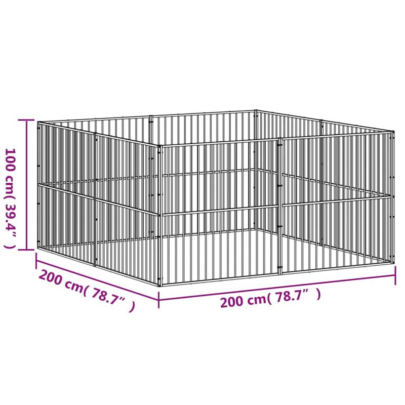 Petshop - Accesorii petshop - Culcusuri si custi - Custi interior si exterior - Tarc pentru caini cu 8 panouri, negru, otel galvanizat, mărime 200x200x100 cm - Infinity.ro