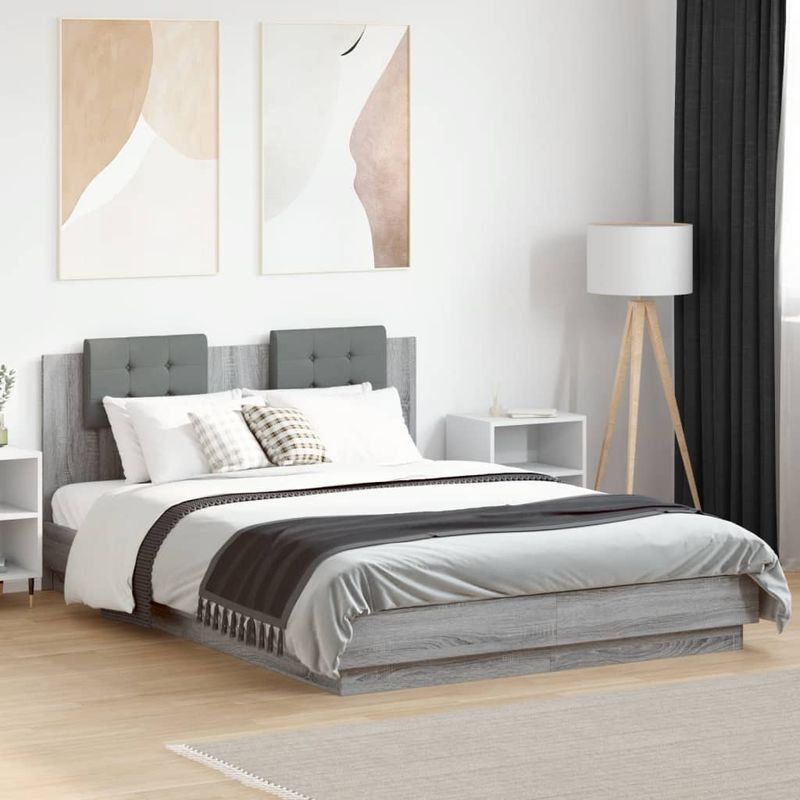 Casa si Gradina - Mobilier - Paturi si accesorii - Paturi - Cadru de pat cu tablie si lumini LED, gri sonoma, 120x200 cm - Infinity.ro