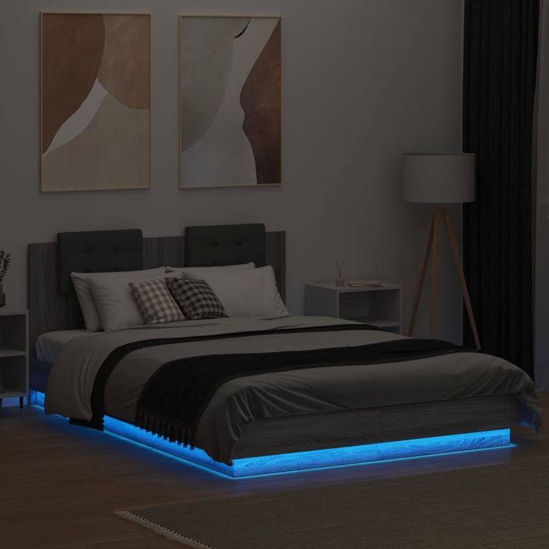 Casa si Gradina - Mobilier - Paturi si accesorii - Paturi - Cadru de pat cu tablie si lumini LED, gri sonoma, 120x200 cm - Infinity.ro