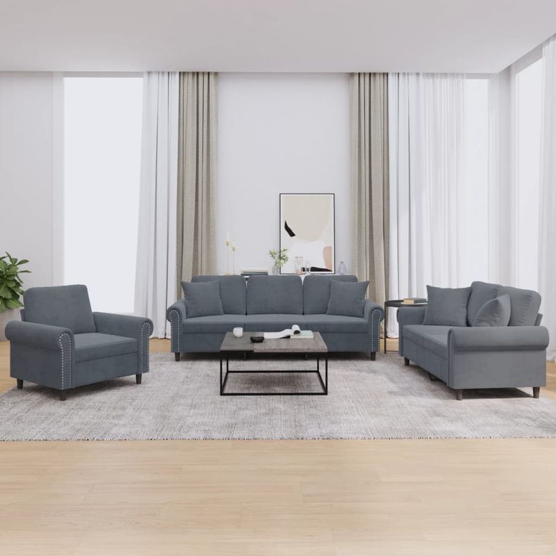 Casa si Gradina - Mobilier - Seturi de mobilier - Seturi living - Set canapea cu perne, 3 piese, gri inchis, catifea - Infinity.ro