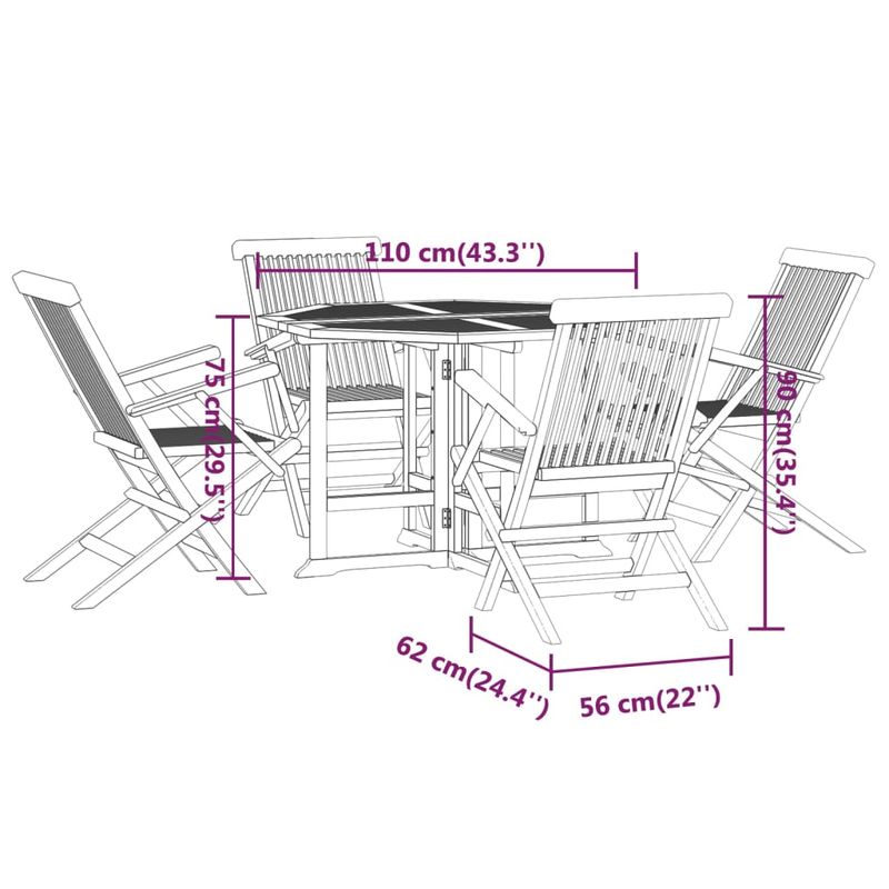 Casa si Gradina - Gradina si terasa - Mobilier exterior - Seturi mobila gradina - Set de mobilier de exterior pliabil, 5 piese, lemn masiv de tec, formă octogon, model cu cotieră" - Infinity.ro