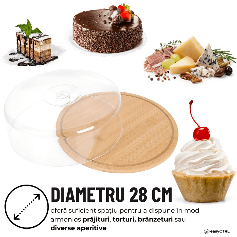 Casa si Gradina - Bucatarie si vesela - Vesela si tacamuri - Platouri de bucatarie - Platou Rotund din Bambus cu Capac pentru Tort, Prajituri, diametru 28cm ABYZ - Infinity.ro