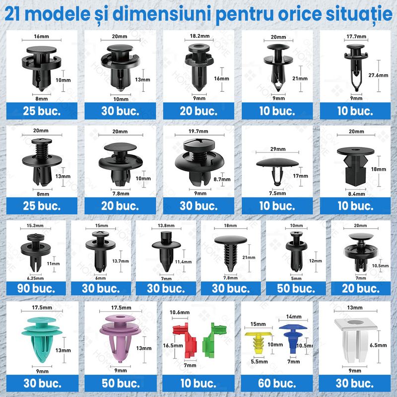 Auto si Moto - Reparatii si depanare - Scule auto - Scule si truse auto - Set 725 piese cu 635 de clipsuri universale si 45 cleme fixare, GlowforHome, 5 leviere, 30 bureti, 10 bride - Infinity.ro