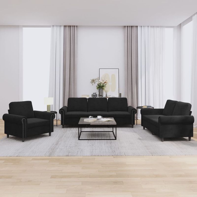 Casa si Gradina - Mobilier - Seturi de mobilier - Seturi living - Set de canapele cu perne, 3 piese, negru, catifea - Infinity.ro
