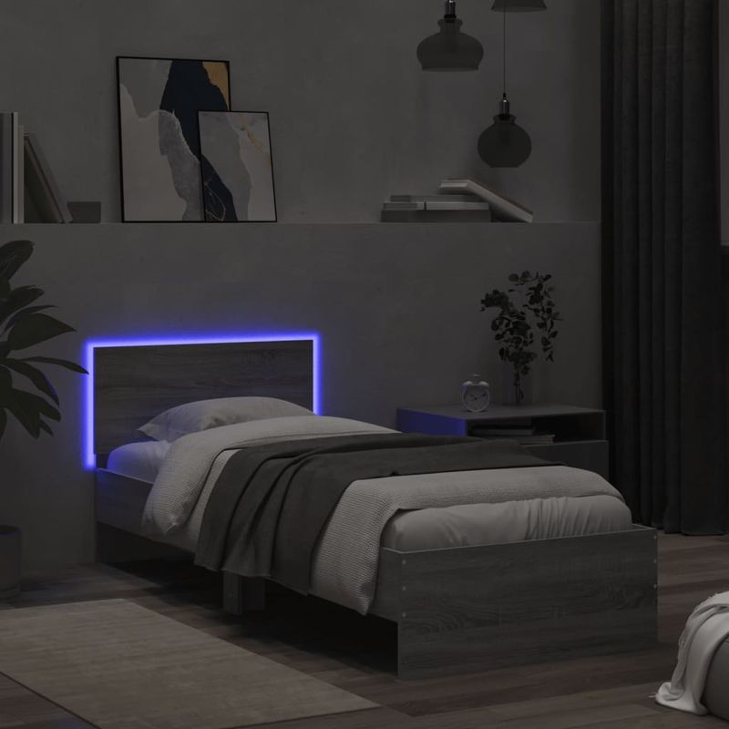 Casa si Gradina - Mobilier - Paturi si accesorii - Paturi - Cadru de pat cu tablie si lumini LED, gri sonoma, 90x190 cm - Infinity.ro