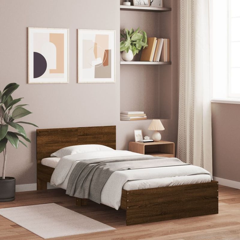 Casa si Gradina - Mobilier - Paturi si accesorii - Paturi - Cadru de pat cu tablie si lumini LED, stejar maro, 100x200 cm - Infinity.ro
