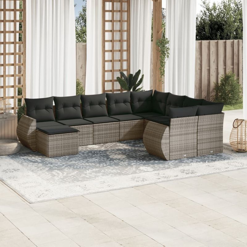 Casa si Gradina - Gradina si terasa - Mobilier exterior - Canapele si fotolii gradina - Set mobilier de gradina cu perne, 10 piese, gri, poliratan - Infinity.ro