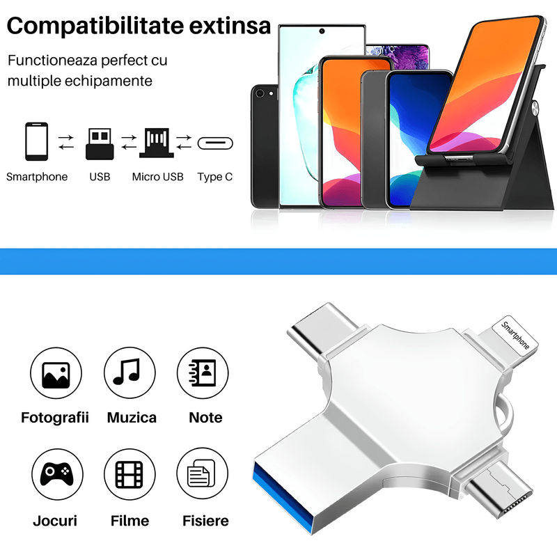 PC, gaming si accesorii - Periferice PC - Memorii USB - Stick memorie multifunctional 4 in 1 SpectrumPoint®, Capacitate 32 GB, compatibil Android si USB Type-C, argintiu - Infinity.ro