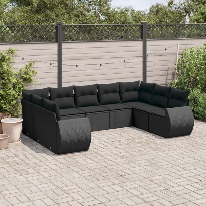 Casa si Gradina - Gradina si terasa - Mobilier exterior - Canapele si fotolii gradina - Set mobilier de gradina cu perne, 9 piese, negru, poliratan - Infinity.ro