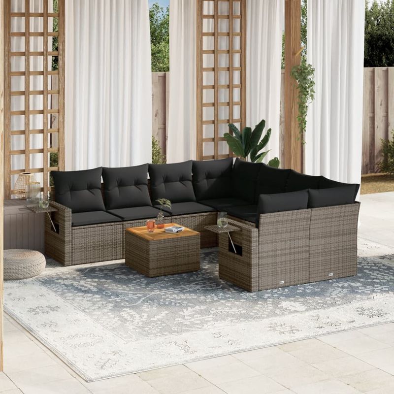 Casa si Gradina - Gradina si terasa - Mobilier exterior - Seturi mobila gradina - Set canapele de gradina, 9 piese, cu perne, gri, poliratan - Infinity.ro