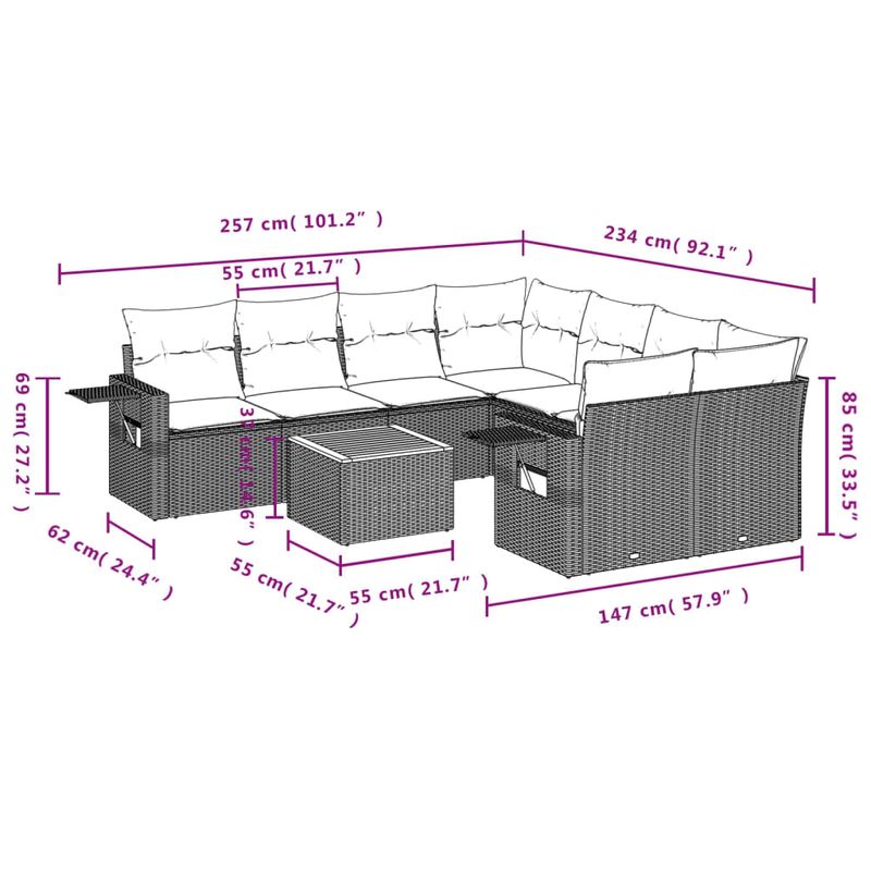Casa si Gradina - Gradina si terasa - Mobilier exterior - Seturi mobila gradina - Set canapele de gradina, 9 piese, cu perne, gri, poliratan - Infinity.ro