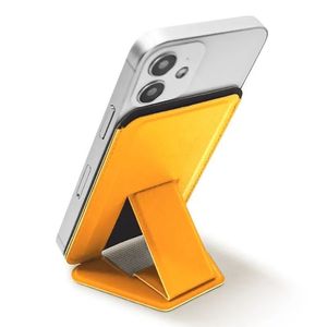 Suport telefon pliabil 2 in 1 Galben, magnetic, multifunctional, pentru Iphone, port carduri, din piele PU, 5,5x8,5 cm