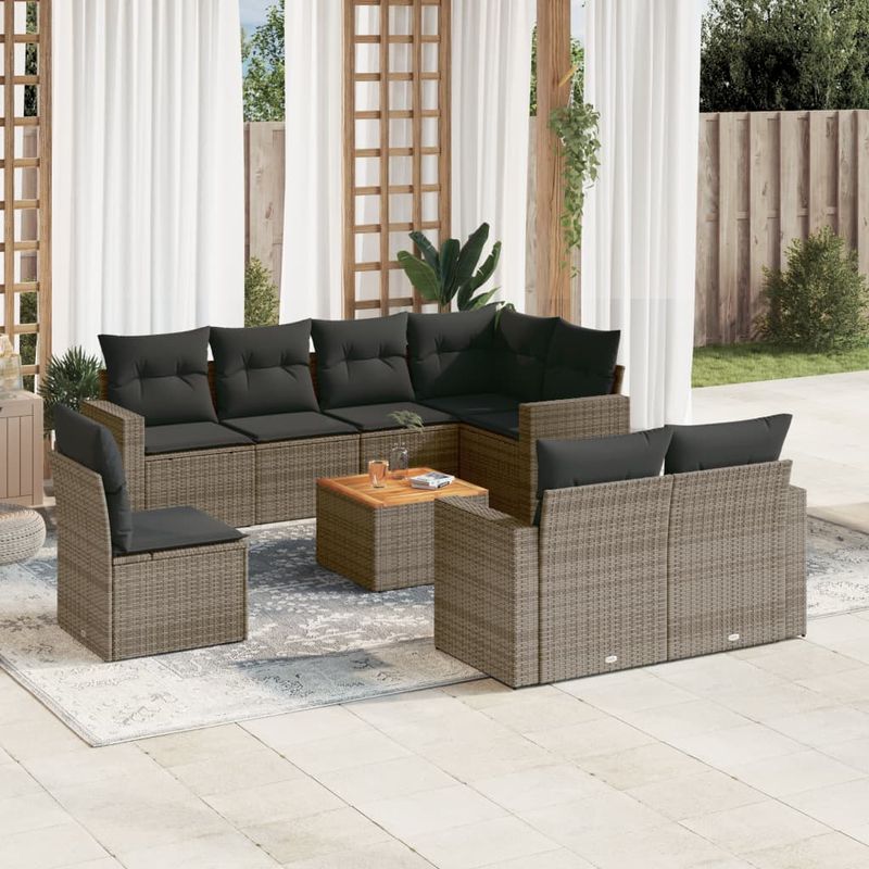 Casa si Gradina - Gradina si terasa - Mobilier exterior - Seturi mobila gradina - Set canapele de gradina, 9 piese, cu perne, gri, poliratan - Infinity.ro