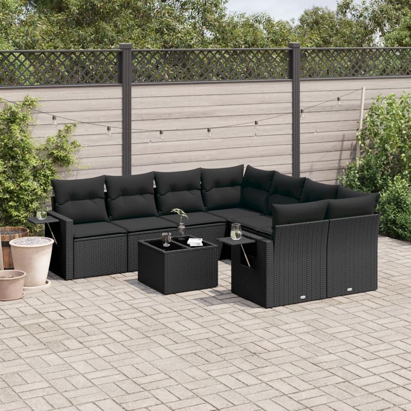 Casa si Gradina - Gradina si terasa - Mobilier exterior - Seturi mobila gradina - Set mobilier de gradina cu perne, 9 piese, negru, poliratan - Infinity.ro