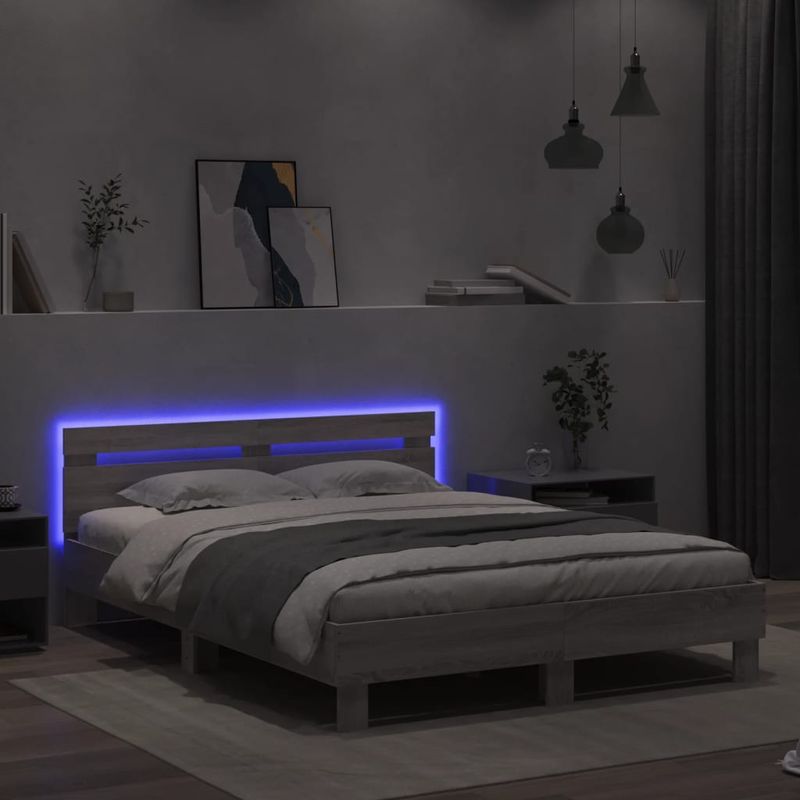 Casa si Gradina - Mobilier - Paturi si accesorii - Paturi - Cadru de pat cu tablie si LED, gri sonoma, 140x190 cm - Infinity.ro