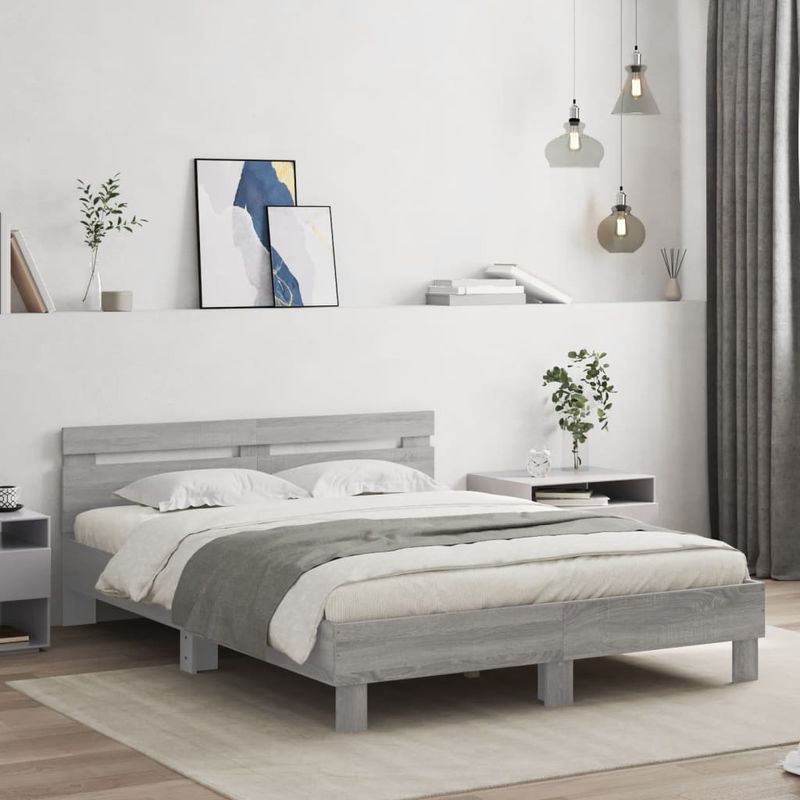 Casa si Gradina - Mobilier - Paturi si accesorii - Paturi - Cadru de pat cu tablie si LED, gri sonoma, 140x190 cm - Infinity.ro