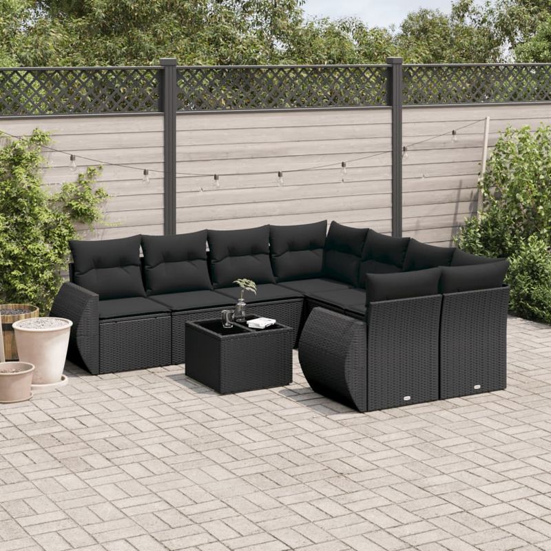 Casa si Gradina - Gradina si terasa - Mobilier exterior - Seturi mobila gradina - Set mobilier de gradina cu perne, 9 piese, negru, poliratan - Infinity.ro