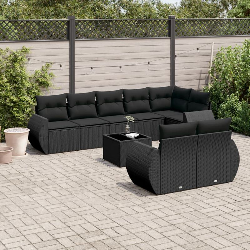 Casa si Gradina - Gradina si terasa - Mobilier exterior - Seturi mobila gradina - Set mobilier de gradina cu perne, 9 piese, negru, poliratan - Infinity.ro