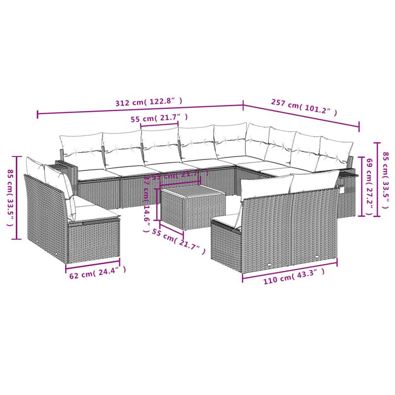 Casa si Gradina - Gradina si terasa - Mobilier exterior - Canapele si fotolii gradina - Set mobilier de gradina cu perne, 13 piese, gri, poliratan - Infinity.ro